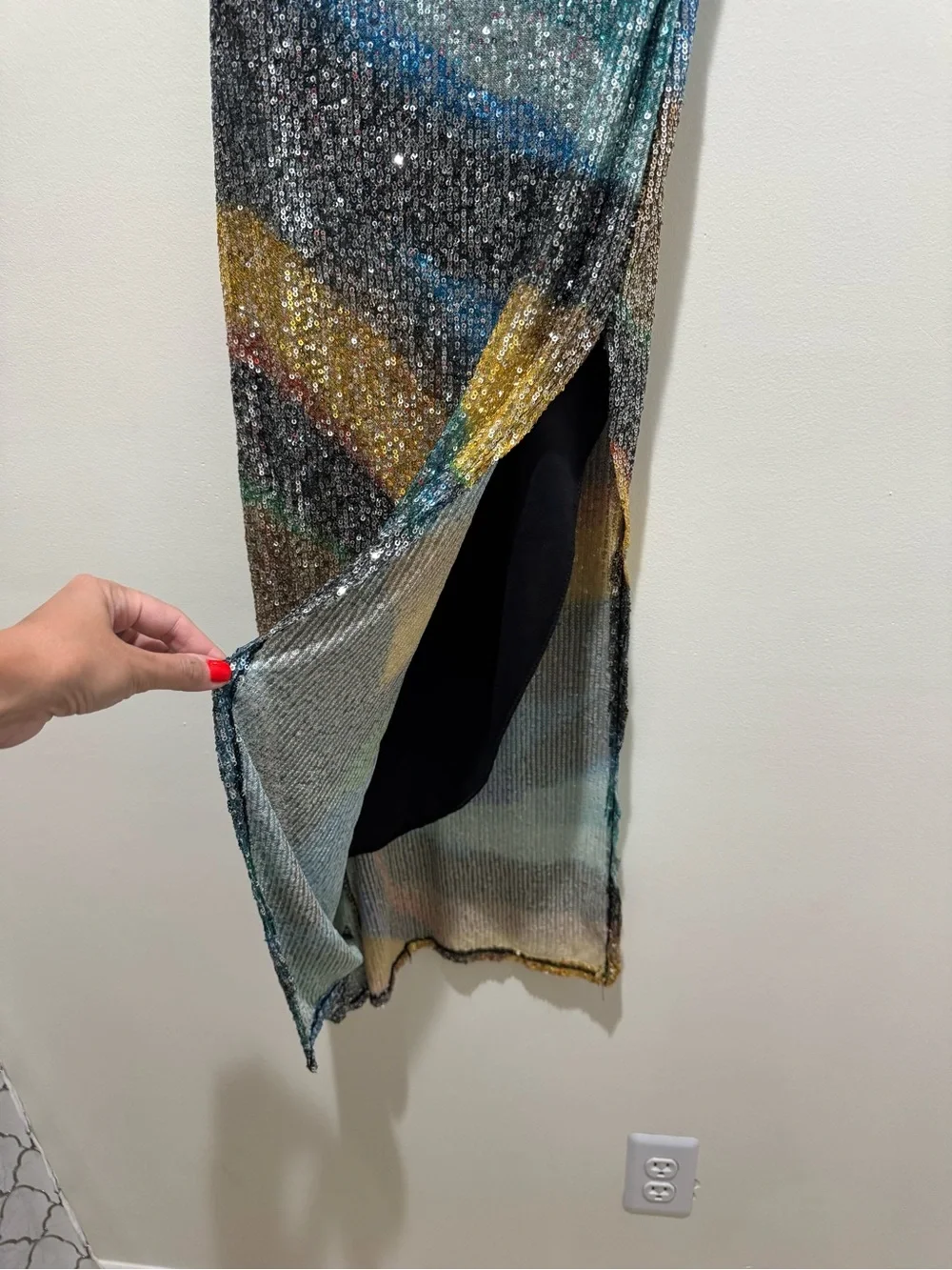 Multicolor Sequin One Shoulder Midi Dress Side Slit - Picture 5 of 11